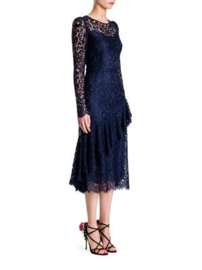 Shop Dolce & Gabbana Lace Ruffle Dress In Navy