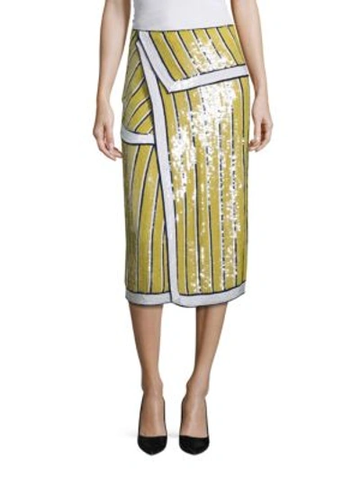 Shop Monse Sequin Striped Skirt In Yellow Navy