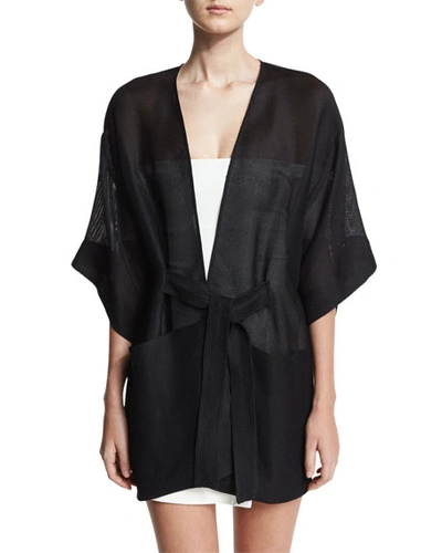 Halston Heritage Sheer Kimono Wrap Jacket W/ Topstitched Sash, Black