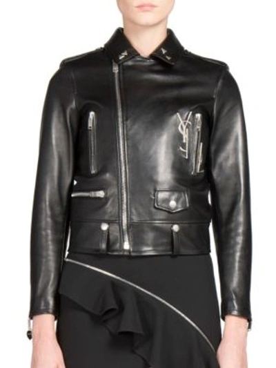 Shop Saint Laurent Embellished Leather Moto Jacket In Black-silver