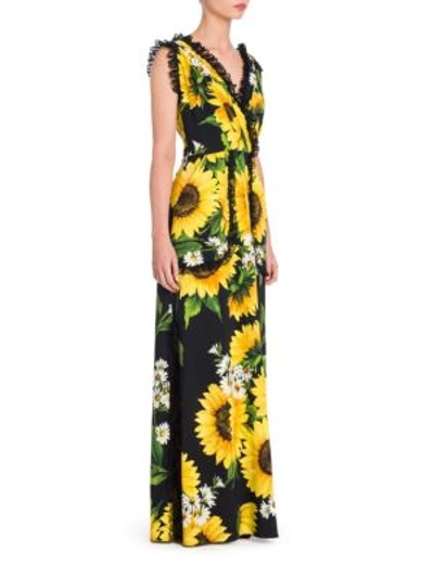 Shop Dolce & Gabbana Lace Ruffle Sunflower Print Gown
