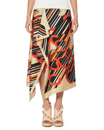 Carven Asymmetric Printed Silk Satin Midi Skirt, Multi Pattern