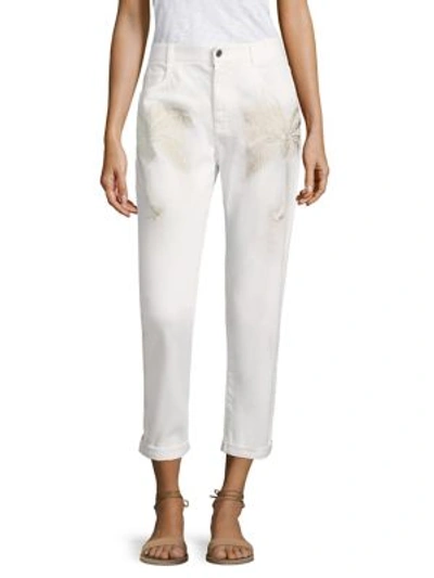 Shop Stella Mccartney Embroidered Cropped Boyfriend Jeans In 9000 - Bianco