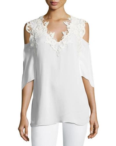 Kobi Halperin Michaela Cold-shoulder Lacy V-neck Silk Blouse In White