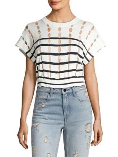 Shop Alexander Wang T Striped Cotton Knit Cropped Top In Ecru Midnight
