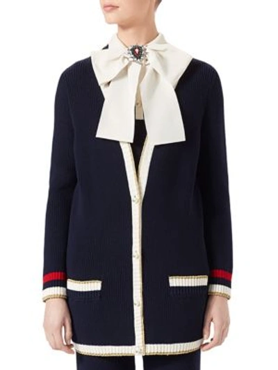 Shop Gucci Long Sleeve Knit Cardigan In Blue-white-red
