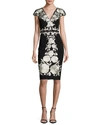 CATHERINE DEANE CAP-SLEEVE EMBROIDERED JERSEY COCKTAIL DRESS, BLACK