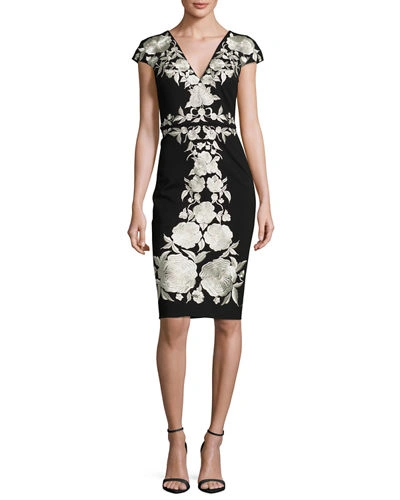 Catherine Deane Cap-sleeve Embroidered Jersey Cocktail Dress, Black, Emerald