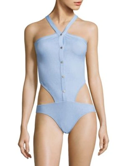 Jonathan Simkhai Collared Oxford One-piece Swimsuit In French Blue White