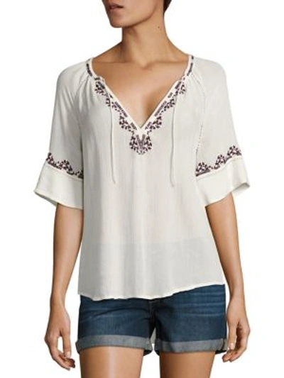 Paige Embroidered Shortsleeved Blouse In White With Dark Purple Embroidery