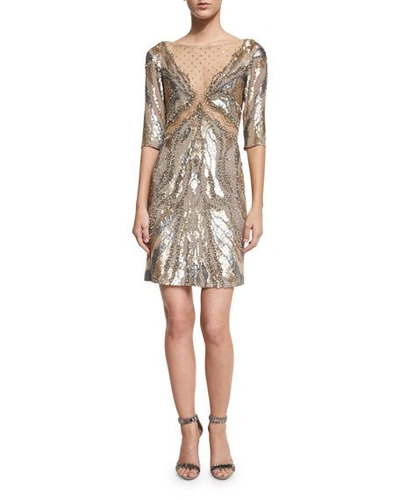Jenny Packham Half-sleeve Embellished Sheath Dress, Dawn Gold
