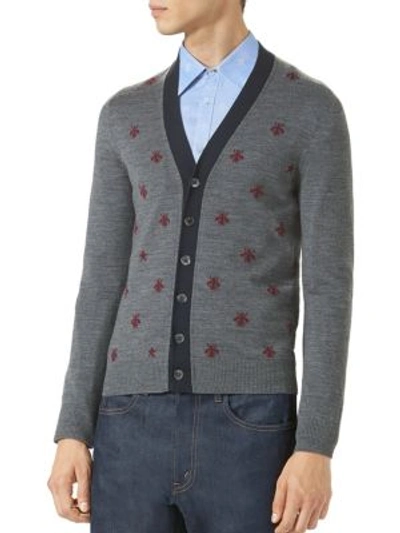 Shop Gucci Bees & Stars Wool Cardigan In Grey