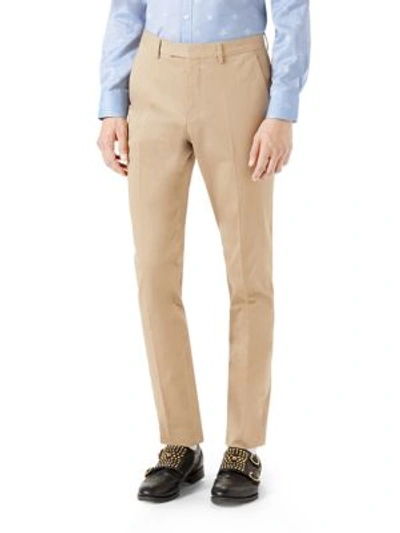 Shop Gucci Bee Web Stretch Gabardine Pants In Ivory Khaki