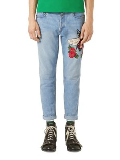 Shop Gucci Embroidered Denim Punk Pants In Blue