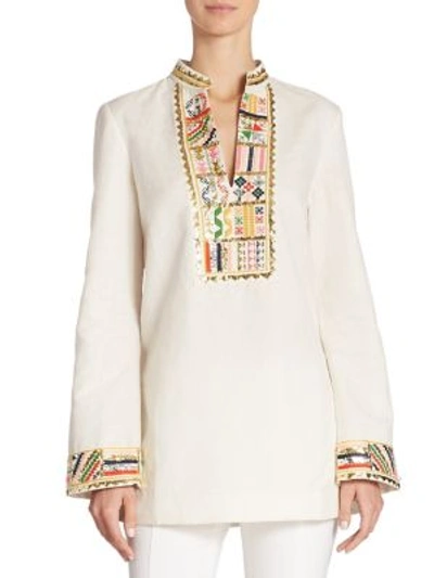 Shop Tory Burch Tory Embellished Cotton Tunic In New Ivory