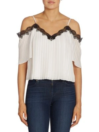 Shop Alice And Olivia Fefe Cold Shoulder Pleated Blouse In Off White Black