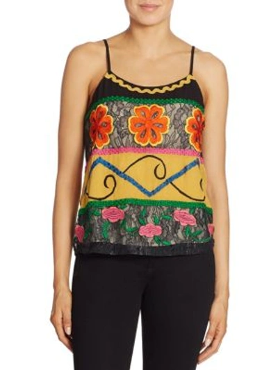 Alice And Olivia 'moran' Lace Panel Floral Embroidered Top In Black Multicolor