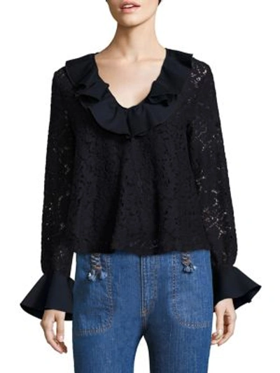 See By Chloé Ruffled Lace Bell Sleeve Blouse In Navy