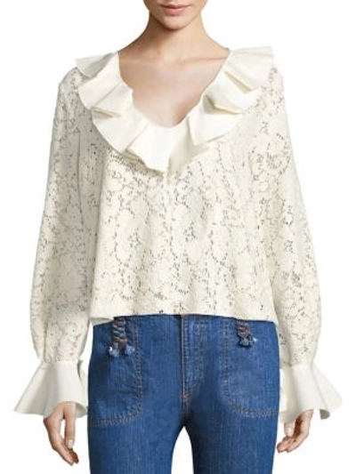 See By Chloé Ruffled Long-sleeve Lace Top, White In Natural White