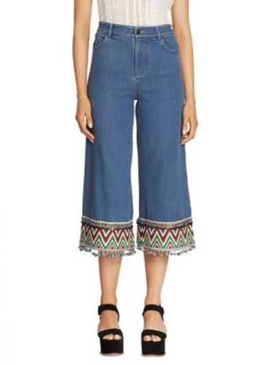 Shop Alice And Olivia Embroidered Cropped Jeans In Vintage Wash/multi