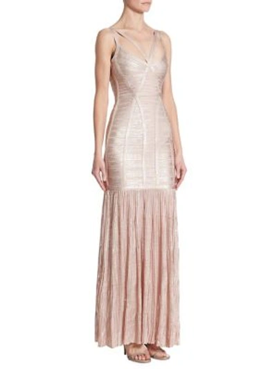 Shop Herve Leger Metallic Evening Gown In Rose Gold