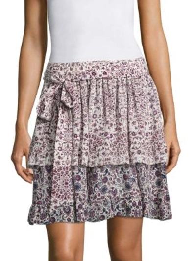 L Agence Rosie Floral Print Ruffled Silk Skirt In Ivory