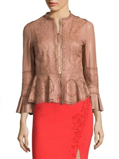 Shop Roberto Cavalli Floral-print Leather Jacket In Cappuccino