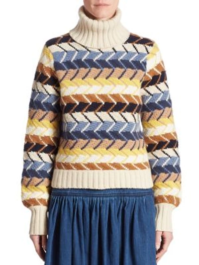 Shop Chloé Herringbone Turtleneck Sweater In Multi-blue