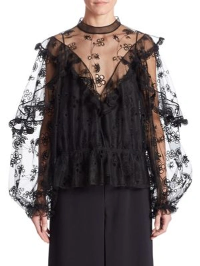 Shop Chloé Embroidered Tulle Blouse In Black