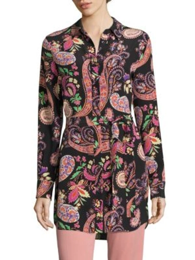 Shop Etro Belted Paisley-print Silk Tunic In Black