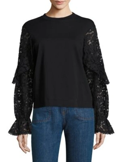Shop See By Chloé Lace Bell Sleeve Tee In Black