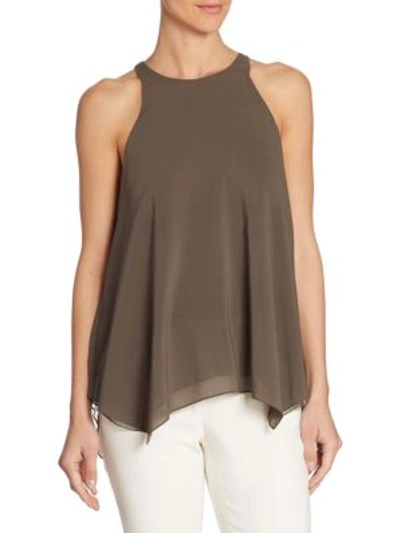 Halston Heritage Sleeveless High Neck Flowy Silk Cami In Dark Safari