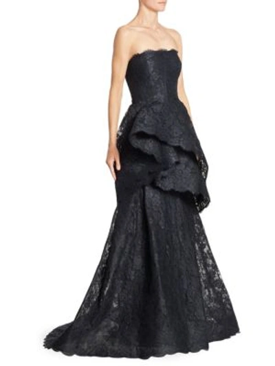 Monique Lhuillier Lace Trumpet Gown In Midnight