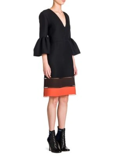 Shop Fendi Colorblock Bell Sleeve V-neck Dress In Black
