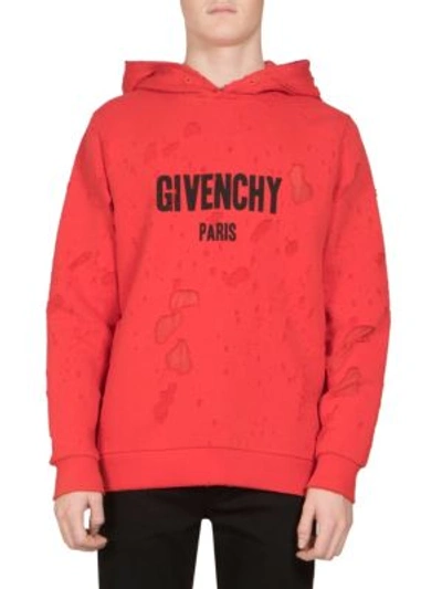 Givenchy Cuban-fit Distressed Printed Cotton-jersey And Neoprene Hoodie In Red