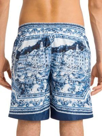 Shop Dolce & Gabbana Allover Shore Print Swim Trunks In Blue