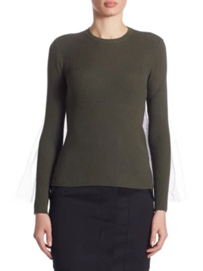 Shop Moschino Wool Tulle Zip Pullover In Army Green-grey