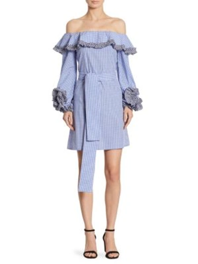 Shop Alexis Miquela Belted Gingham Cotton Dress In Blue Gingham