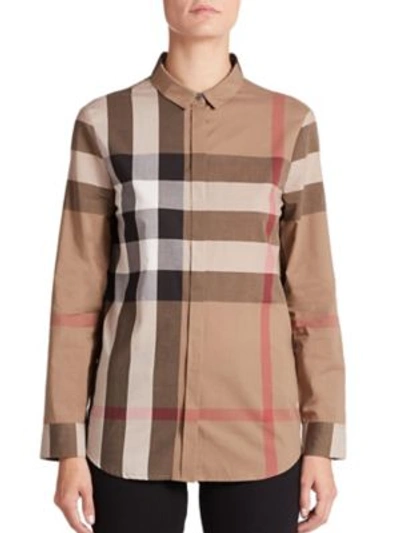 Shop Burberry Large Checkered Cotton Blouse In Taupe Brown
