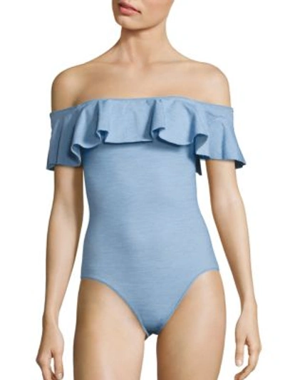 Shop Lisa Marie Fernandez Mira Flounce Off-the-shoulder One-piece Maillot In Faded Denim