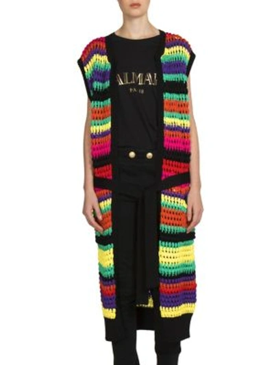 Shop Balmain Multicolor Crochet Knit Cardigan