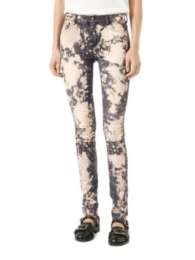 Shop Gucci Embroidered Stretch Denim Skinny Pants In Dark Grey