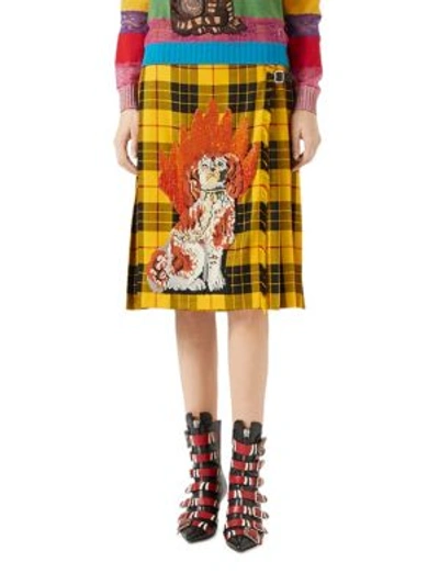 Shop Gucci Embroidered Tartan Wool Skirt In Yellow-red