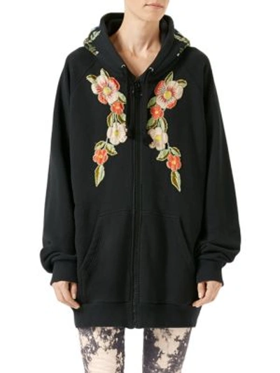 Shop Gucci Embroidered Hooded Sweatshirt In Black