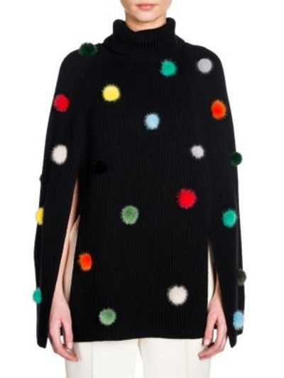 Shop Fendi Pom-pom Cashmere Turtleneck Cape In Black