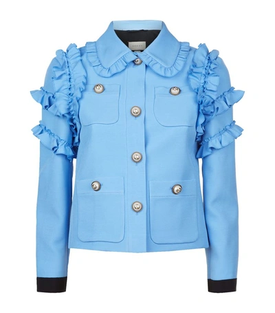 Shop Gucci Ruffled Silk-wool Jacket In Blue