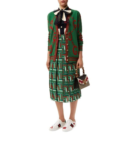 Shop Gucci Printed Silk Pleated Skirt In Green