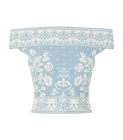 Shop Alexander Mcqueen Floral Jacquard Off-the-shoulder Top In Blue