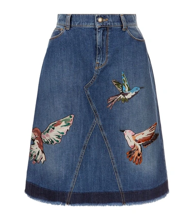 Shop Red Valentino Hummingbird Embroidered Denim Skirt In Blue