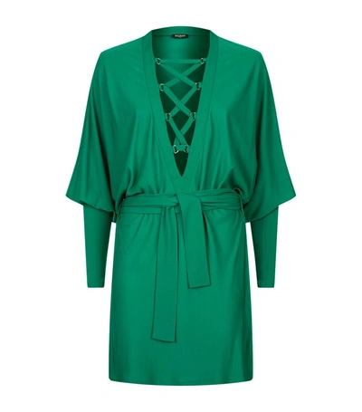 Shop Balmain Lace-up Batwing Sleeve Dress In Green